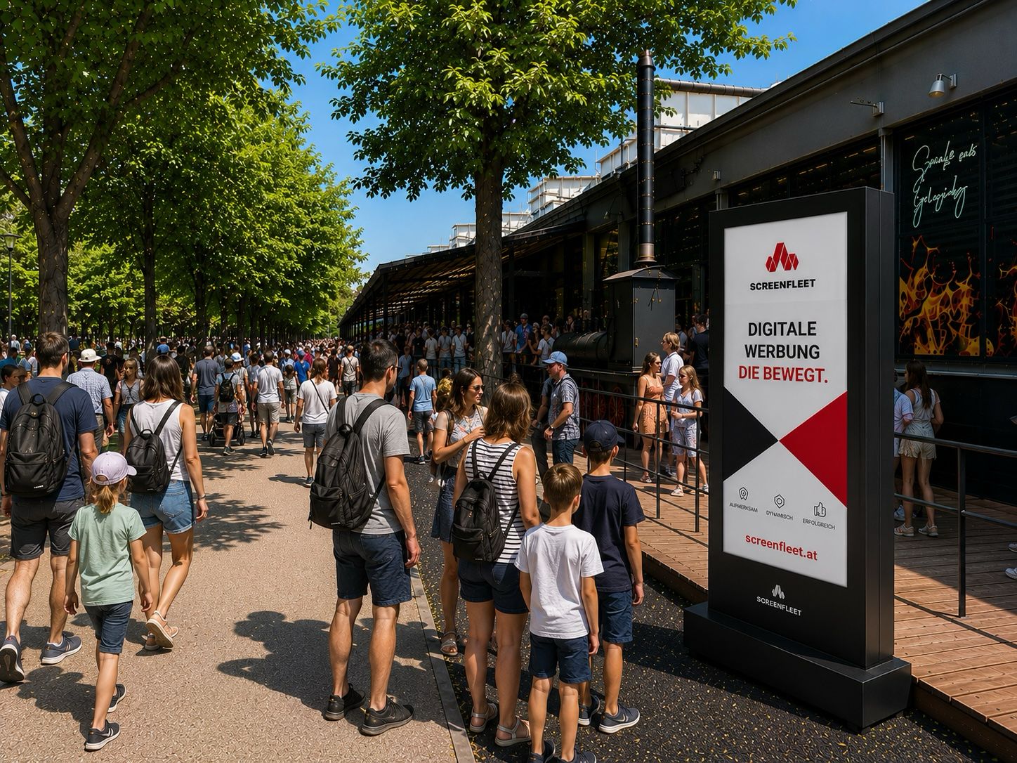 ScreenFleet Digital-Signage-Stele in der Prater Hauptallee bei Restaurant Die Allee Wien